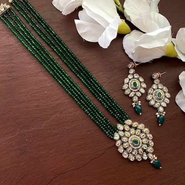 Green Polki Necklace| Indian Long Necklace | Pakistani Jewelry |Kundan Long Necklace Mala |Indian Jewelry| Ruby semiprecious beads Necklace|