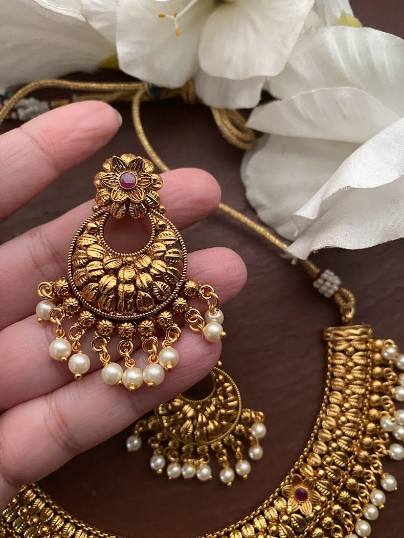 Set Gioielli Da Sposa Indiano, Collana Girocollo Con Orecchini, Maangtikka E Choker, Placcato Oro, Perle Finte, Artigianale India