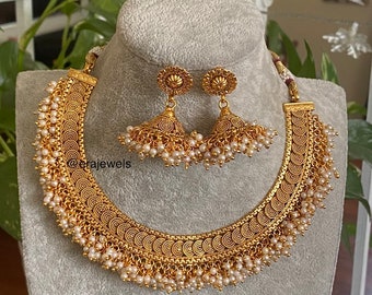 Guttapusalu Temple Necklace, Antique Gold Necklace, Indian Choker Necklace, South Indian Jewelry, temple jewelry, Pearl Choker Necklace