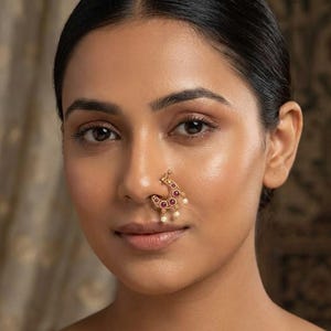 Clip On Indian Nose Ring: Gold Plated Maharashtrian Nath (No Piercing)