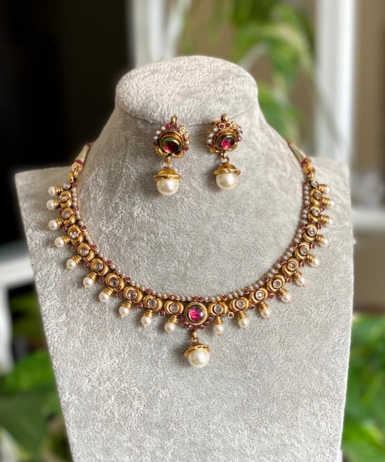 Gold Necklace Indian Gold Necklace Set Indian Choker Pearl Necklace guttapusalu necklace temple jewelry jhumkas South Indian jewelry