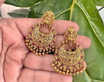 Kemp Earrings /Polki chandbali/ Ruby earrings/South Indian Earrings/Lakshmi earrings /temple earrings/ Indian Jewelry/ Guttapusalu earrings