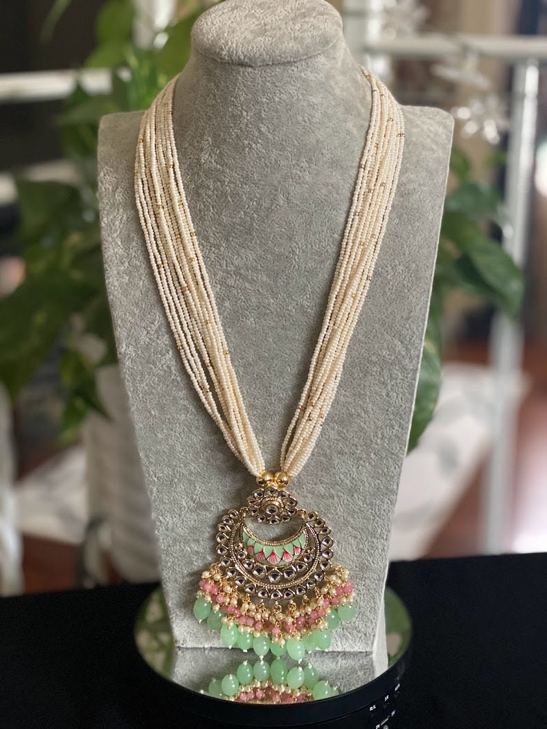 Peach Pearl Kundan Long Necklace meenakari Necklace beaded - Etsy