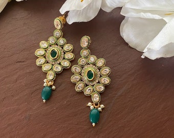 Polki Earrings /Kundan long Earrings/ Green Earrings/ Indian Earrings /Pakistani Earrings/ Statement Earrings / pearl earrings