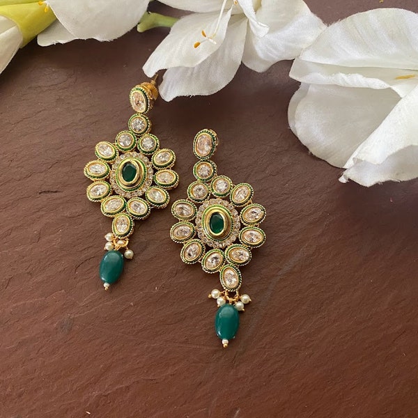 Polki Earrings /Kundan long Earrings/ Green Earrings/ Indian Earrings /Pakistani Earrings/ Statement Earrings / pearl earrings