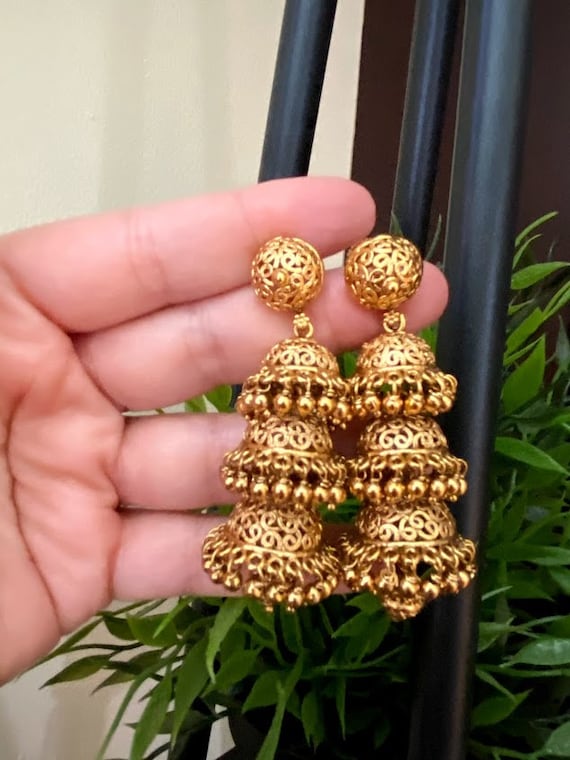 Gold jhumka earrings Small jhumki set for girls Traditional Indian everyday  — Discovered