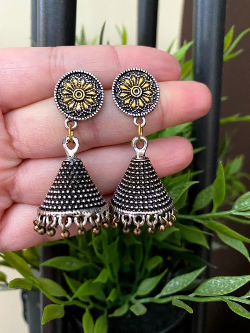 Oxidized jhumka Two tone earrings Silver jhumkasPeacock gold jhumkas Indian jewelry jhumka earring Boho Earrings Bohemian jewelry