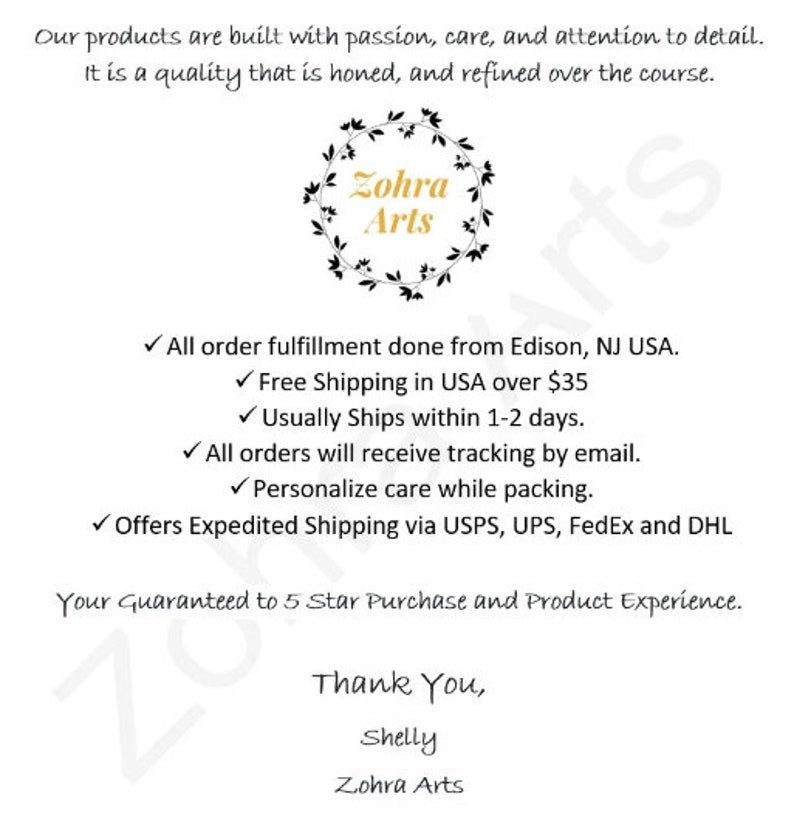 Puede incluir: Fondo blanco con texto y un dise&ntilde;o de corona floral. El texto incluye el nombre de la marca "Zohra Arts" y un mensaje sobre la calidad del producto y el servicio al cliente. Texto adicional destaca los detalles de cumplimiento de pedidos y env&iacute;o.