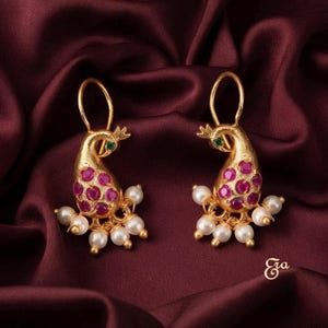 Gold Plated Peacock Earrings: Ruby & Pearl Bali Hoops