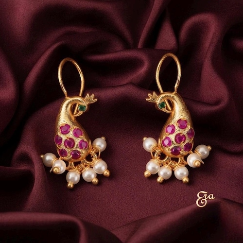 Gold Plated Peacock Earrings: Ruby & Pearl Bali Hoops