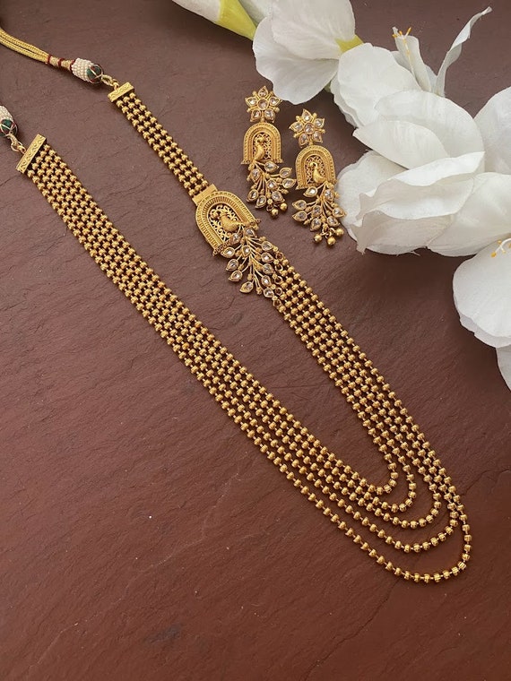 Lightweight Broad Leaf Design Long Gold Necklace Set | Combo Offer Sale |  Authentic One Gram Jewellery NL25918