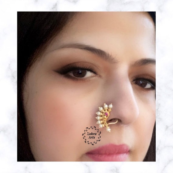 Buy Jewelopia Maharashtrian AD Nath Combo Nose Stud Pin Traditional Bridal  Nath Wedding Jewelry Marathi Nose Ring Without Piercing Pearl Gold Plated  Clip On Press Nath For Girls Online at Best Prices