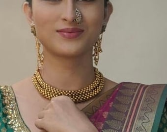 Gold Thushi Necklace Set/Traditional Indian Choker necklace/Gold double layer Thushi Necklace/Kolhapuri Thushi /Thushi choker/marathi bride