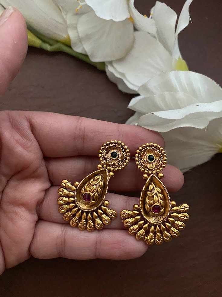 Matte Gold Kemp Earrings/indian Earrings/ Indian Jewelry/ruby Earrings/south  Indian Earrings/ Pearl Earrings/temple Earring /temple Jewelry - Etsy