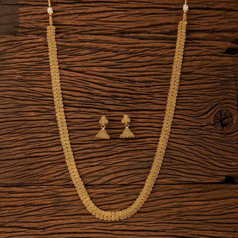 Gold Plated Indian Necklace Set: Antique Temple Jewelry Style 2