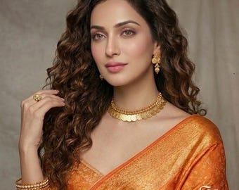 Matte Gold Lakshmi Coin Necklace: South Indian Temple Jewelry Set