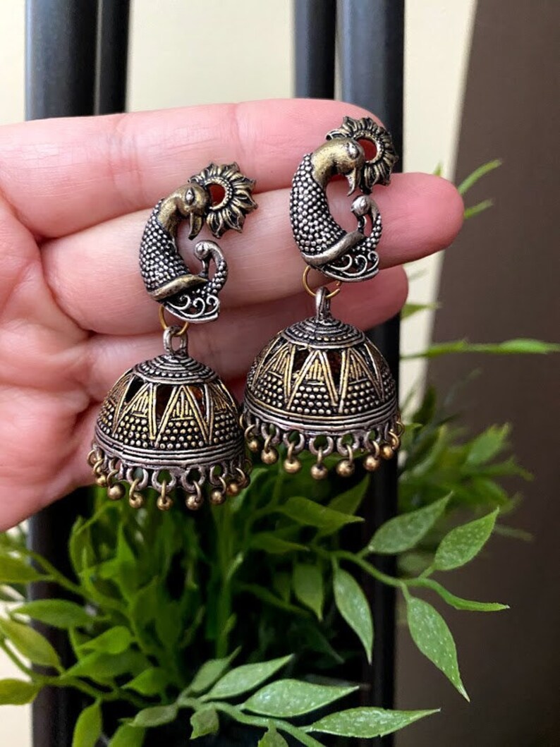 Oxidized jhumka Two tone earrings Silver jhumkasPeacock gold jhumkas Indian jewelry jhumka earring Boho Earrings Bohemian jewelry