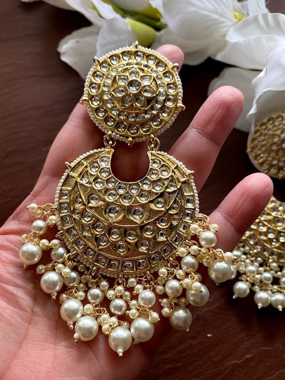 Antique Gold Plated CZ Indian Weeding Jhumka Pearl CZ Kundan Earrings Set c  | eBay