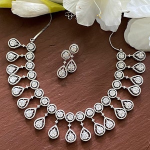 CZ Diamond Indian Bridal Necklace Set: Rhodium Plated Statement Jewelry