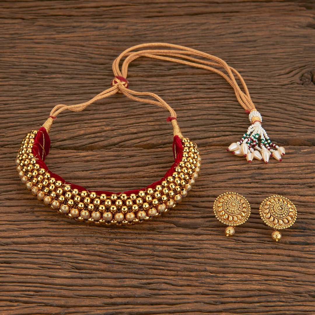 Kolhapuri Traditional Golden Copper Belpaan Tik Thushi With Earrings -  soubhagya jewellers - 2340418