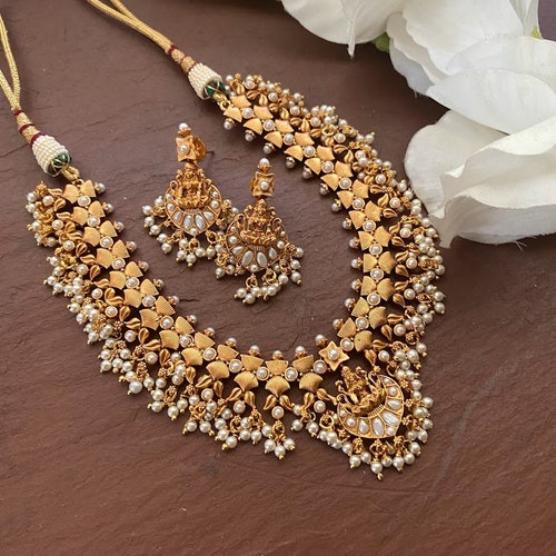 Guttapusalu South Indian Haram Jewelry Gold Necklace Set - Etsy