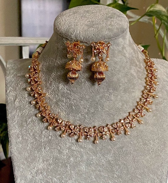 Pink Antique Gold Polki Bridal Choker Necklace Set With Jhumka -  Israel