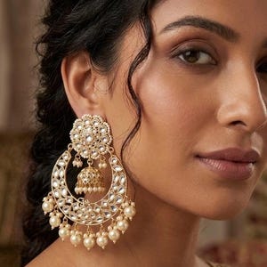 Indian Kundan Chandbali Earrings with Pearls | Gold Bridal Jhumka Earrings | Pakistani Wedding Jewelry | Diwali Navratri Gift for Women