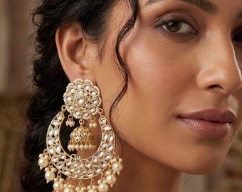 Indian Kundan Chandbali Earrings with Pearls | Gold Bridal Jhumka Earrings | Pakistani Wedding Jewelry | Diwali Navratri Gift for Women