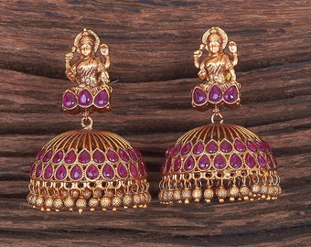Matte Gold Jhumka earrings| Indian Jewelry | Lakshmi jhumkas | Temple Jewelry |Kemp Jhumkas | Ruby Jhumkas| Indian earrings