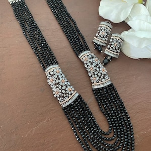 Victorian Black Necklace, Kundan Long Necklace, Onyx Diamond Necklace, Statement Necklace,Beaded Indian Necklace ,Indian jewelry, Sabyasachi