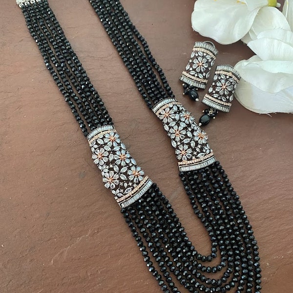 Victorian Black Necklace, Kundan Long Necklace, Onyx Diamond Necklace, Statement Necklace,Beaded Indian Necklace ,Indian jewelry, Sabyasachi