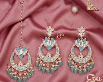 Turquoise MeenaKari kundan tikka and earrings set/Maangtikka set/Mint Blue tikka earrings /kundan tikka /Indian wedding jewelry/Pakistani