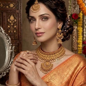 May include: A woman wearing a gold-toned jewelry set, including a necklace, earrings, headpiece, ring, and bracelets. The jewelry features intricate designs and small white pearls. The woman is wearing an orange sari. The Era Jewels logo is visible.