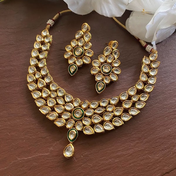 Green Kundan Necklace /Polki kundan set/ kundan set/Indian Jewelry/ Indian Necklace set /kundan jewelry/ wedding jewelry/sabyasachi necklace