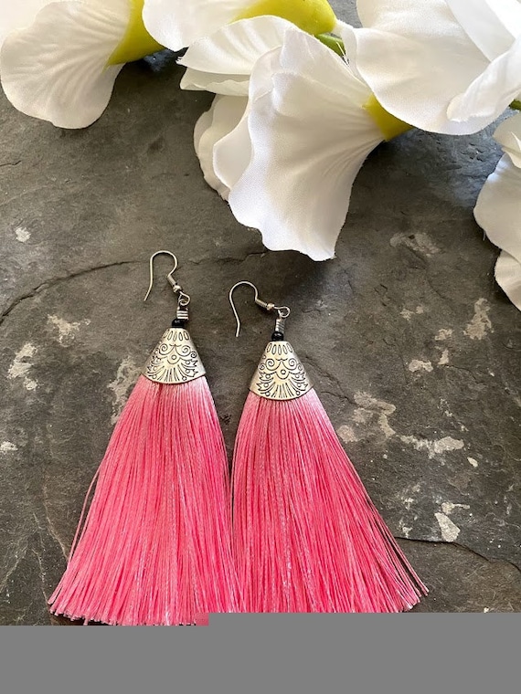 Pink Silk Tassel Earrings Fringe Earrings Silk Thread Handmade Earrings Lightweight Earrings Etsy Canada
