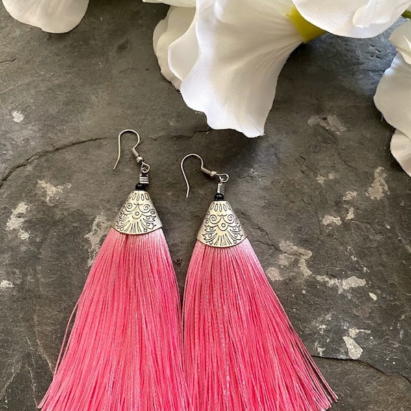 Pink Silk Tassel Earrings/ Fringe Earrings/ Silk Thread Handmade Earrings/ lightweight earrings