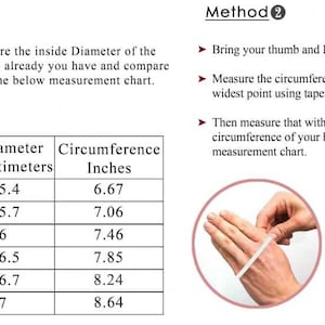 May include: A chart showing two methods for measuring bangle size. Method 1 shows a bangle with a ruler measuring the inside diameter in inches and centimeters. Method 2 shows a hand with a ruler measuring the circumference of the wrist in inches.