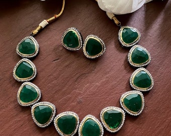 Emerald Green diamond choker/Victorian Choker Necklace/Kundan choker/ Indian choker/ White Choker/Indian wedding jewelry/Sabyasachi Necklace