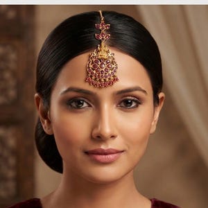 May include: A gold maang tikka headpiece featuring a central circular pendant adorned with deep red stones and a small deity figure at the top. The piece includes a vertical chain with leaf-shaped accents and small dangling beads at the bottom edge.