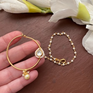 Fine Kundan Nose Ring with pearl chain, Indian Nose ring, pressable, clip on , bridal jewelry, Indian wedding jewelry, Pachi kundan nath