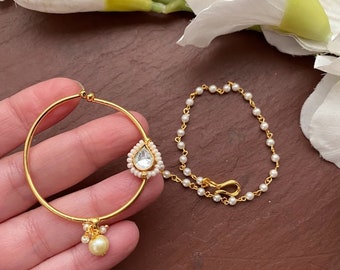 Kundan Nose Ring with Pearl Chain: Indian Bridal Jewelry, Clip On Nath