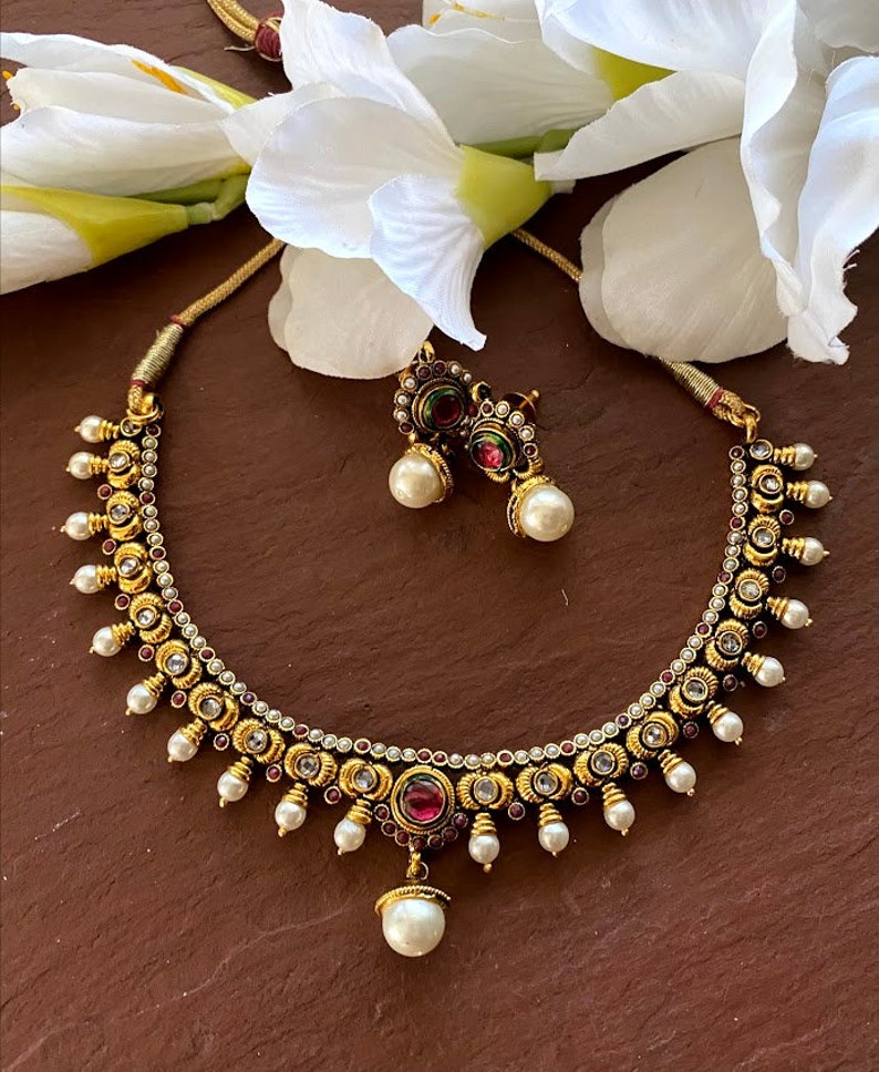 Gold Necklace Indian Gold Necklace Set Indian Choker Pearl Necklace guttapusalu necklace temple jewelry jhumkas South Indian jewelry