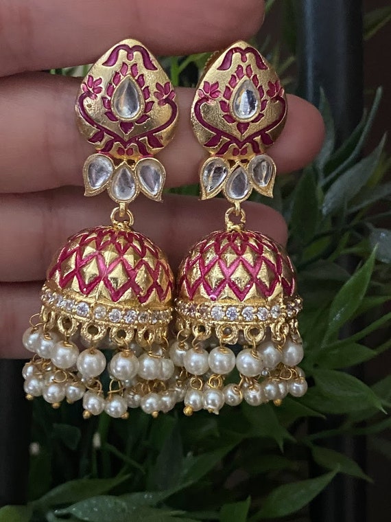 Bridal Jhumka/ Golden Kundan Meenakari Jhumka Earrings with Colorful b –  AryaFashions