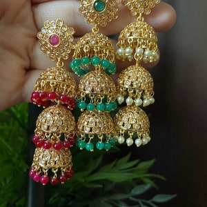 Polki Jhumkas/ Long Gold jhumkas/ polki earrings/ Indian earrings/South Indian Jewelry/ punjabi jhumkas/ Pearl jhumkas/Ruby/ Green jhumkas