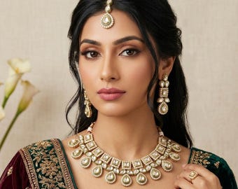 Polki Choker Necklace Set, Kundan Necklace, Green Necklace, Uncut Polki, Indian Pakistani Jewelry with Tikka, Bridal  Diamond Necklace