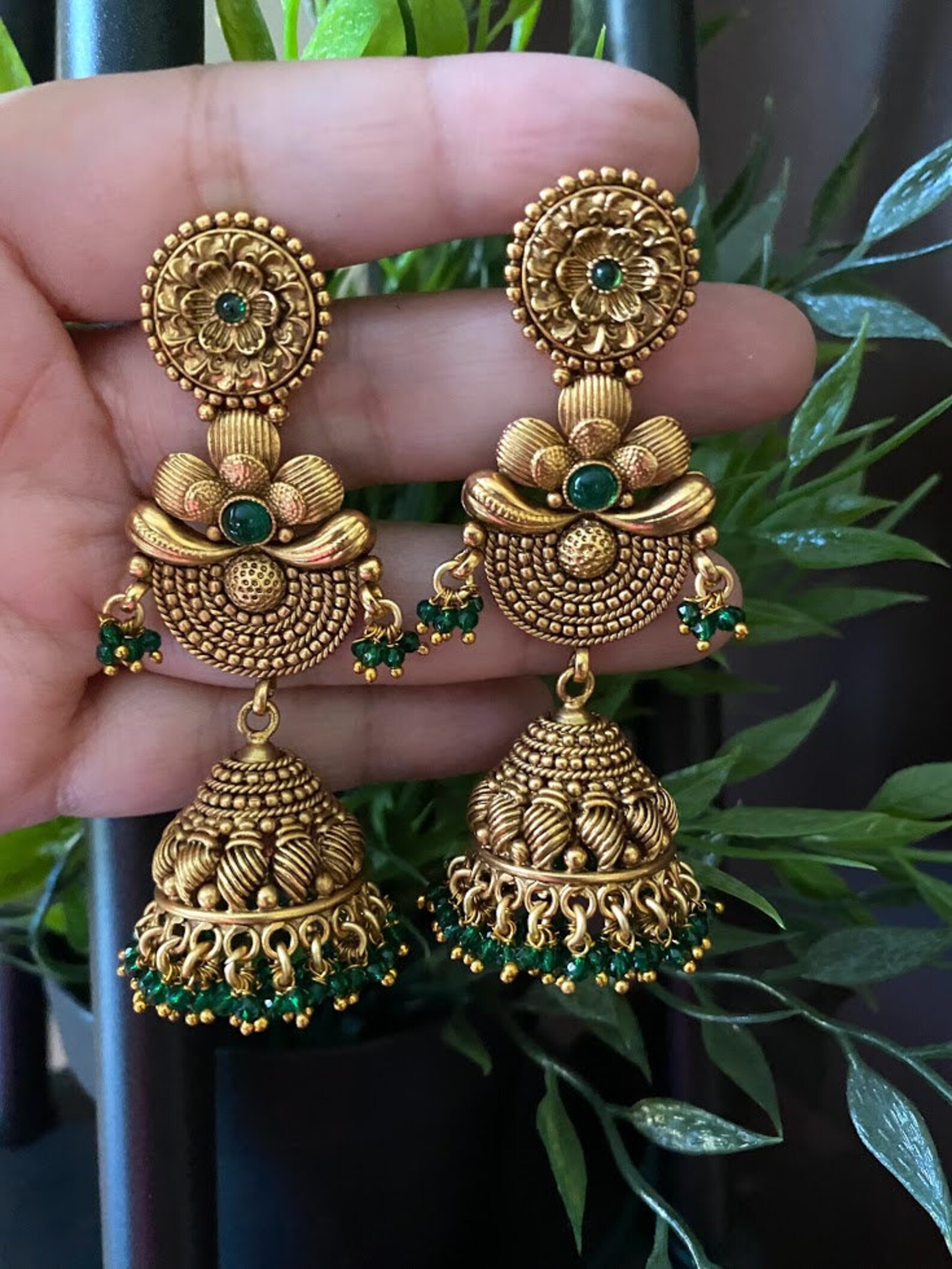 Matte Gold Jhumka/kemp Jhumkas/ South Indian Earrings/ Polki - Etsy