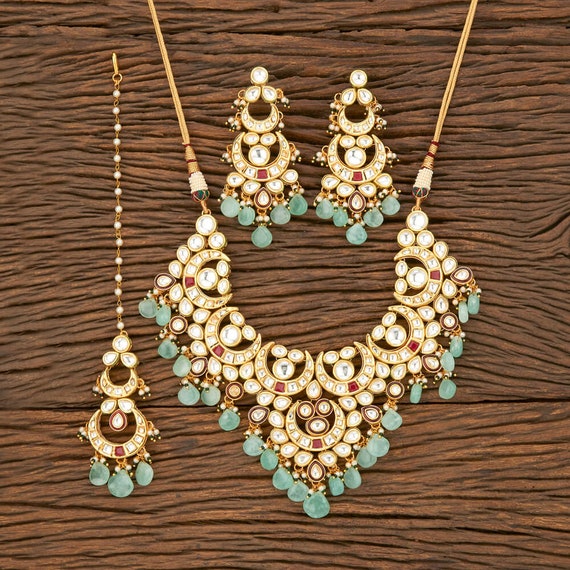 Green Kundan Choker Set: Indian Bridal Necklace, Gold Plated Jewelry