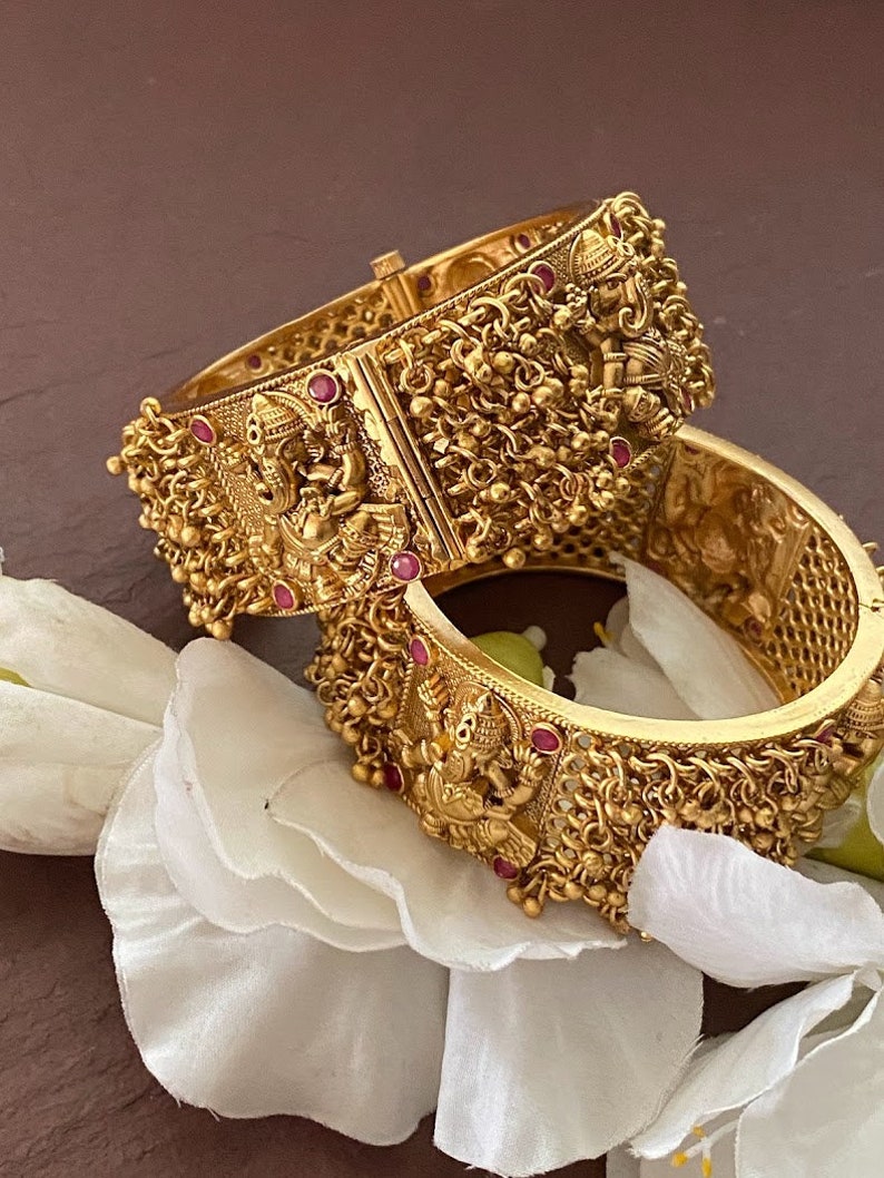 Matte Gold Ruby Bangles/Indian Bangles/gold Kada/openable bangles/temple jewelry/kemp bangles/Ganesha bangle/south indian jewelry/ Kada image 2