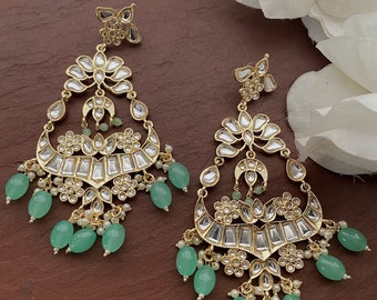 Meenakari Long Kundan Earrings/Chandelier Mirror Indian Earrings/Indian Jewelry/Pink Earrings /Mint Earrings/Green Kundan Earring/Pakistani