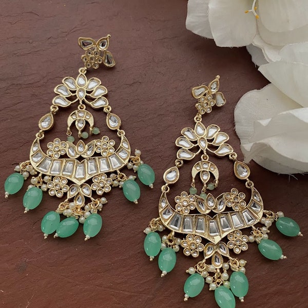 Meenakari Long Kundan Earrings/Chandelier Mirror Indian Earrings/Indian Jewelry/Pink Earrings /Mint Earrings/Green Kundan Earring/Pakistani